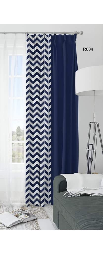 INtex CURTAINS HOUSE Luxury Velvet curtains - Modern Design - Striped Zig Zag with Plain Velvet Navy 2 Panels - Steel Grommets 300W X 230L CM