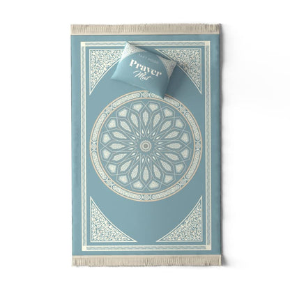 Velvet Prayer Mat in a calming Blue, 68x117 cm, a luxurious Islamic rug featuring an elegant dome design, made from soft material for a comfortable and deeply focused prayer time