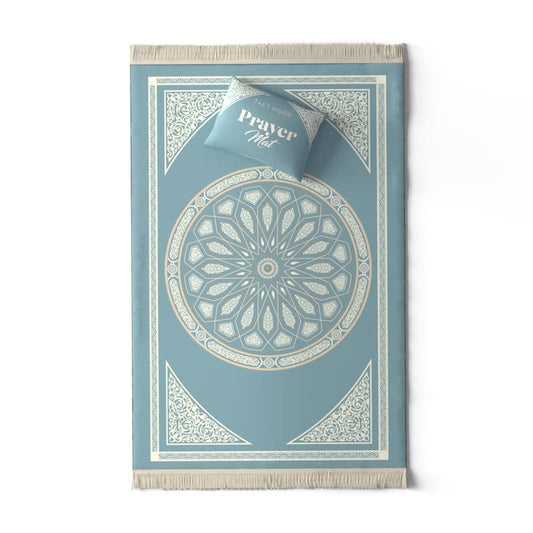 Velvet Prayer Mat in a calming Blue, 68x117 cm, a luxurious Islamic rug featuring an elegant dome design, made from soft material for a comfortable and deeply focused prayer time