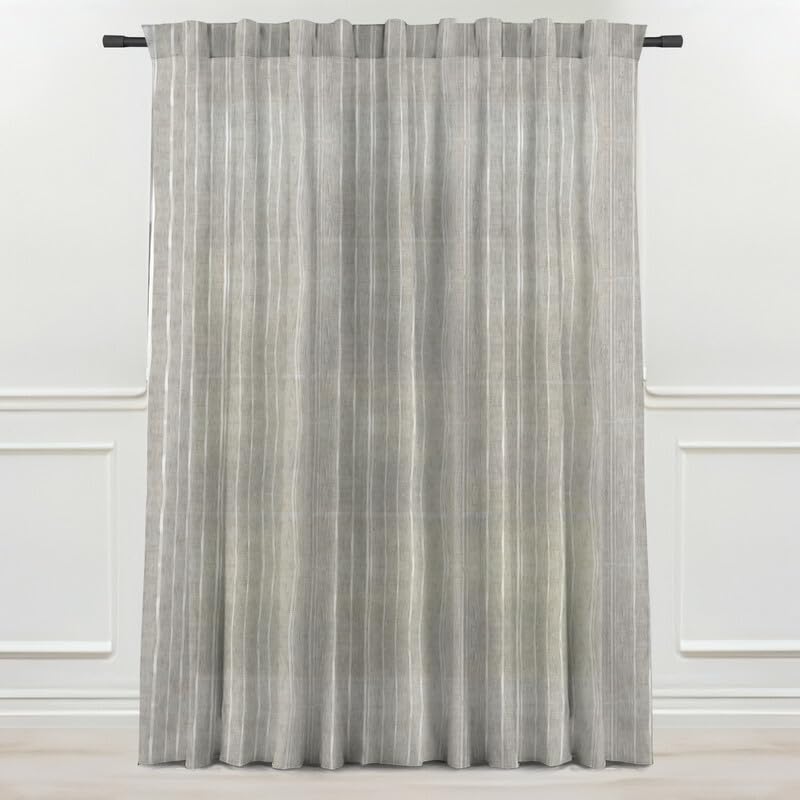 INtex CURTAINS HOUSE Linen Curtains for Living Room, Semi-Sheer Light-Filtering Drapes with White Stripes, Natural Fabric, 2 Hanging Options, 1 Piece - Off-White - 200W x 230L CM