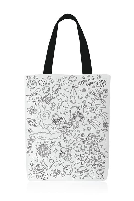 Canvas Space Junior Tote Bag, a DIY Craft Kit for Kids in Black & White, 32x45 cm, includes a Reusable Bag and Coloring Set, a Fun and Creative Activity for Future Astronauts