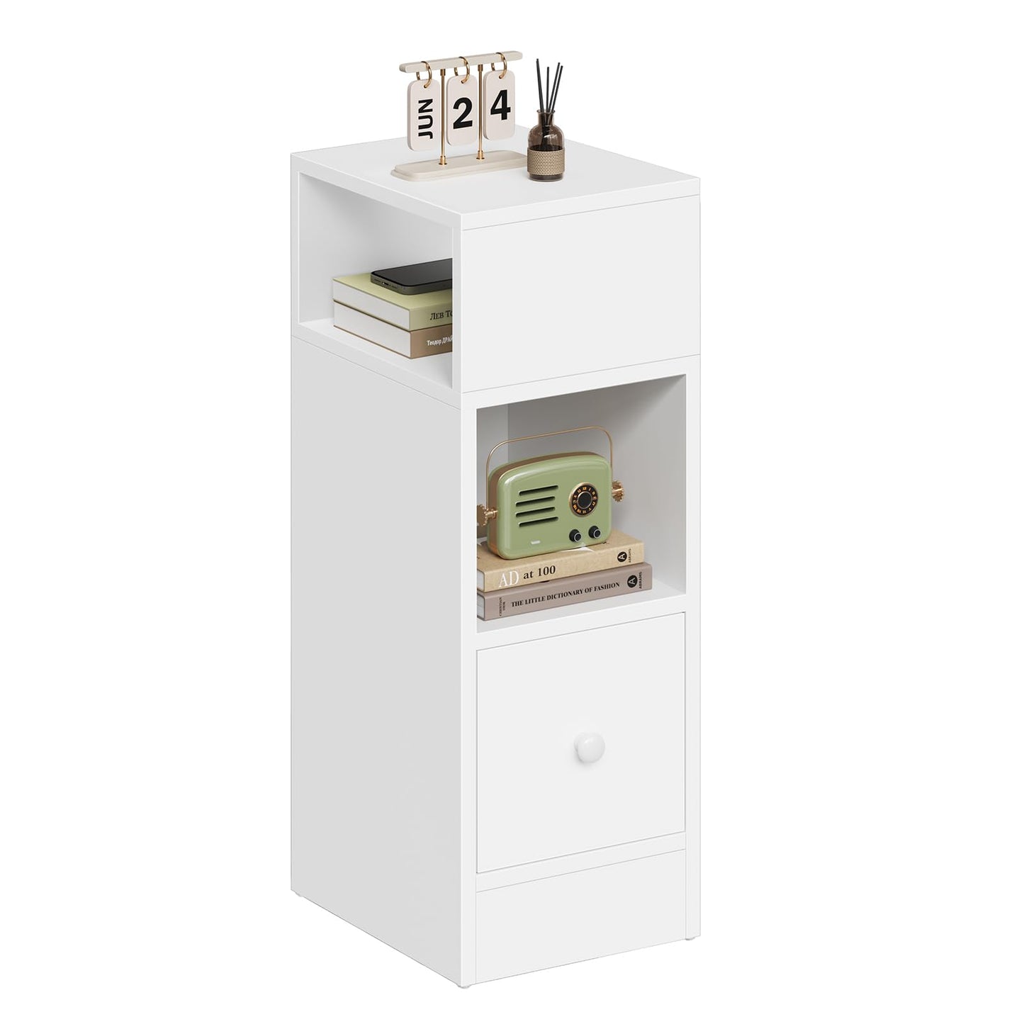 White Bedside Table, H 25 x W30 x W66 cm, TalLNightstand with 1 Drawer and 2 Open Compartments, Slim End Table for SmalLBedroom, NarroWStorage Unit