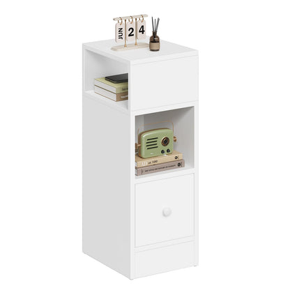 White Bedside Table, H 25 x W30 x W66 cm, TalLNightstand with 1 Drawer and 2 Open Compartments, Slim End Table for SmalLBedroom, NarroWStorage Unit