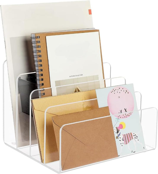 4-Section Vertical Acrylic File Holder, Clear Desk Organizer for Envelopes, Letters, and Documents, Modern File Sorter for Notebooks and Electronics like Tablets and Laptops