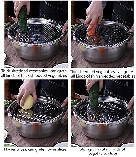 Niralasa 3 in 1 Kitchen Multipurpose 11 Inch Silver Stainless Steel Drain Basket, Vegetable Cutter, Julienne Grater