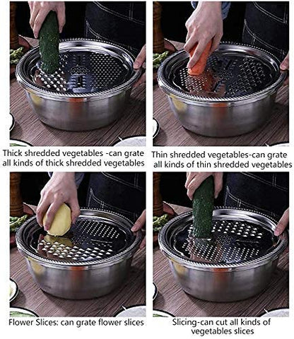 Niralasa 3 in 1 Kitchen Multipurpose 11 Inch Silver Stainless Steel Drain Basket, Vegetable Cutter, Julienne Grater