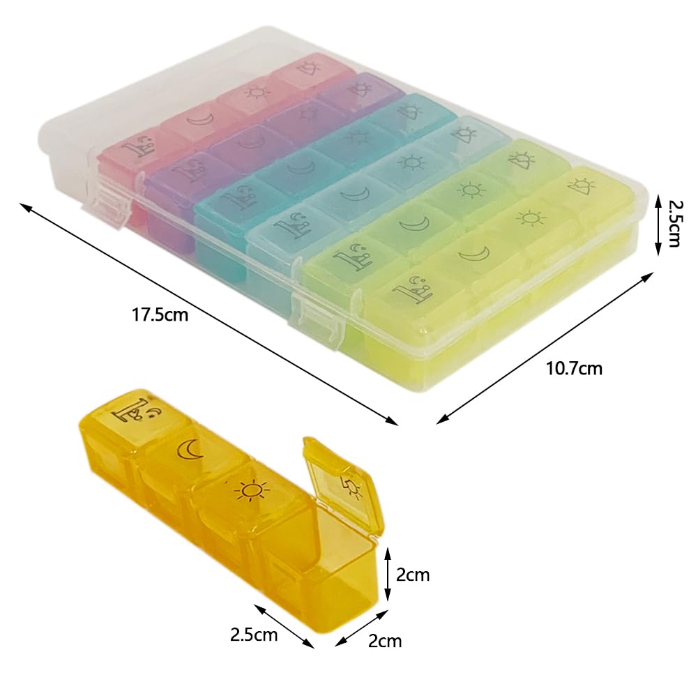 BOJIUSARL Portable Weekly Pill Box 7 Day Pill Boxes with 28 Compartments Morning Noon Evening Night 4 Times Weekly Pill Box Multicolored Medicine Box Vitamins Supplements