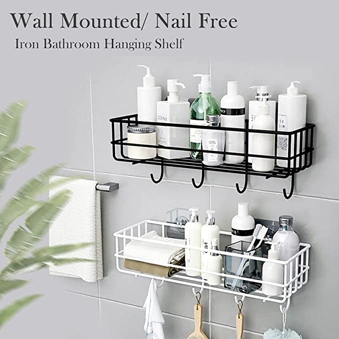 BR BLUEROCKS - BECAUSE QUALITY MATTERS Bathroom Rack Bathroom Shelves Kitchen Storage – Self Adhesive Bathroom Shelf and Shampoo Holder with 4 Hook Adhesive Shower Caddy Metal Shelf (Pack of 2)