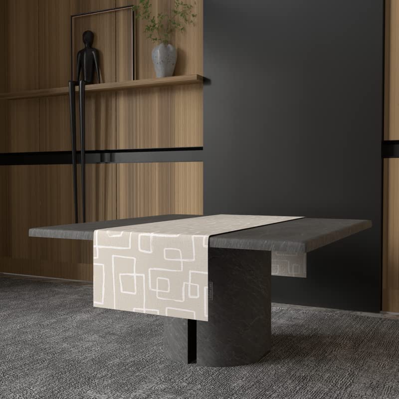 Haven 1 Velvet Table Runner in Beige & Blue, a 35x140 cm decorative centerpiece with a calming and subtle geometric design, adds a touch of soft, understated luxury to your dining decor