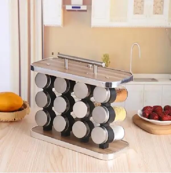 SG-Mart Spice Rack Organizer with 12 Empty Spice Jars for Cabinet Countertop spice Imitation Wood Portable seasoning Stainless Steel Storage Rack Stand Holder for Kitchen Hotel(Rectangle,1-Pcs)