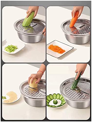 PREMIFY 3 in 1 Stainless Steel Grater Basin with Vegetable Chopper And Cheese Grater, Multifunctional Set Food Bowl/Colander/Vegetable Grater Mixing Bowl & Drainer, Rice Sieve Strainer