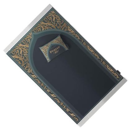 Velvet Prayer Mat in Teal and Gold, 68x117 cm, a luxurious and soft rug with a stunning, opulent design, providing a comfortable and elegant surface for your prayers at home or mosque