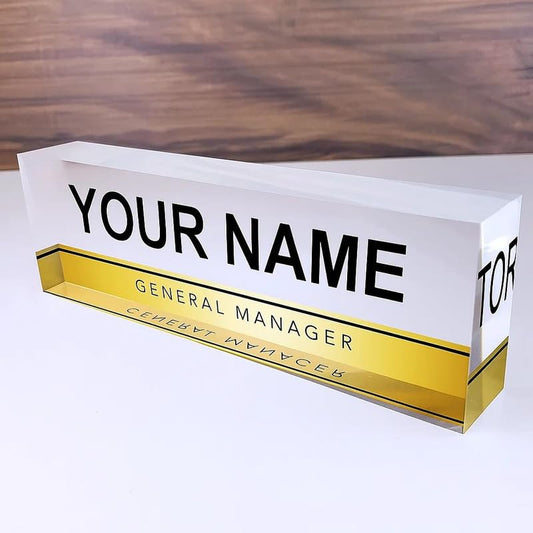 Personalized Office Desk Name Plate – 20.3 x 6.4 cm Custom Plate on Clear Acrylic Glass Block, Professional Customized Desk Sign with Name and Title, Modern Office Decor