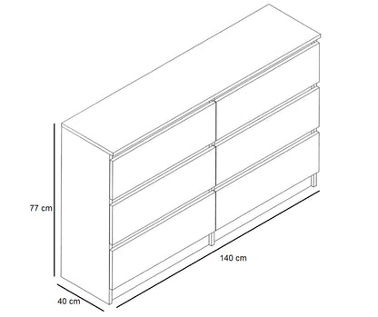 Chest of Drawers with 6 Drawers, 140 x 40 x 77 cm, White, Handle-Free Modern Multi-Purpose Cabinet for Hallway, Bedroom, Living Room, or Children’s Room, Wide