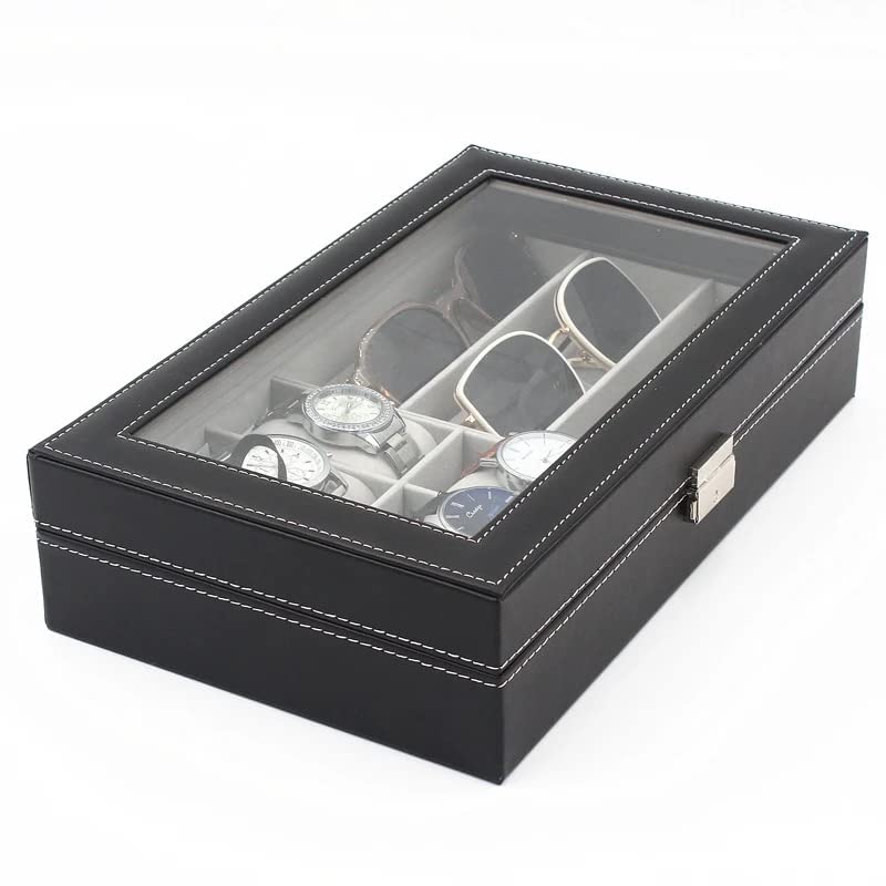 Leather Watch Glasses Box -Watch And Glass Display Case Holder Storage Organizer Jewelry Display- 6 Slots For Watches And 3 Slots For Glasses