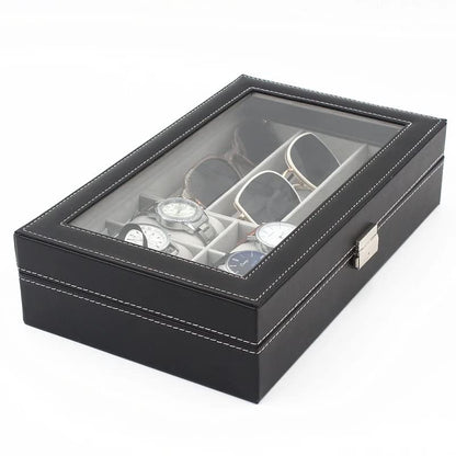 Leather Watch Glasses Box -Watch And Glass Display Case Holder Storage Organizer Jewelry Display- 6 Slots For Watches And 3 Slots For Glasses
