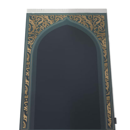 Velvet Prayer Mat in Teal and Gold, 68x117 cm, a luxurious and soft rug with a stunning, opulent design, providing a comfortable and elegant surface for your prayers at home or mosque