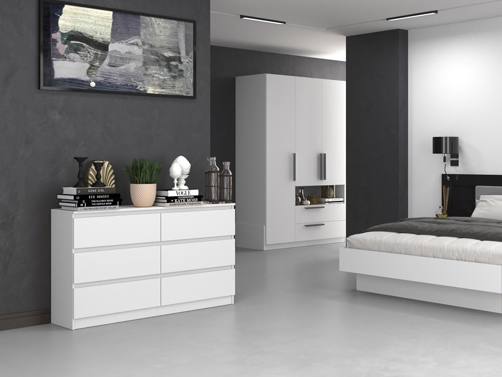 Chest of Drawers with 6 Drawers, 140 x 40 x 77 cm, White, Handle-Free Modern Multi-Purpose Cabinet for Hallway, Bedroom, Living Room, or Children’s Room, Wide