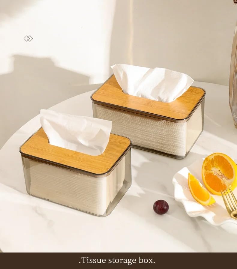 Dollar for Improt Acrylic Rectangle Tissue Organizer Box With Bamboo Wooden Removable Lid Practical And Add More Elegane For Home - Transparent