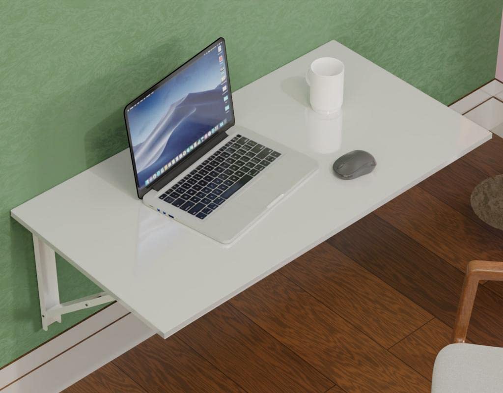 Folding WalLMounted Study Table in White, L40.6 x W61.0 cm Floating Desk, Space-Saving Fold-Down Laptop Table for Home Office, Portable WalLTable, Laminated Finish