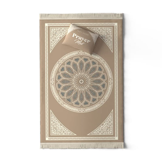 Velvet Prayer Mat in a warm Beige, 68x117 cm, a soft and luxurious Islamic rug with an elegant dome design, offering a comfortable and dedicated space for daily prayers and reflection
