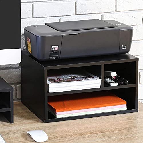 Wooden Shelf for Printer and Accessories, Sturdy Desktop Organizer Stand, Multi-Tier Storage Unit for Paper and Supplies, Black Finish, for Home or Office Use, Compact