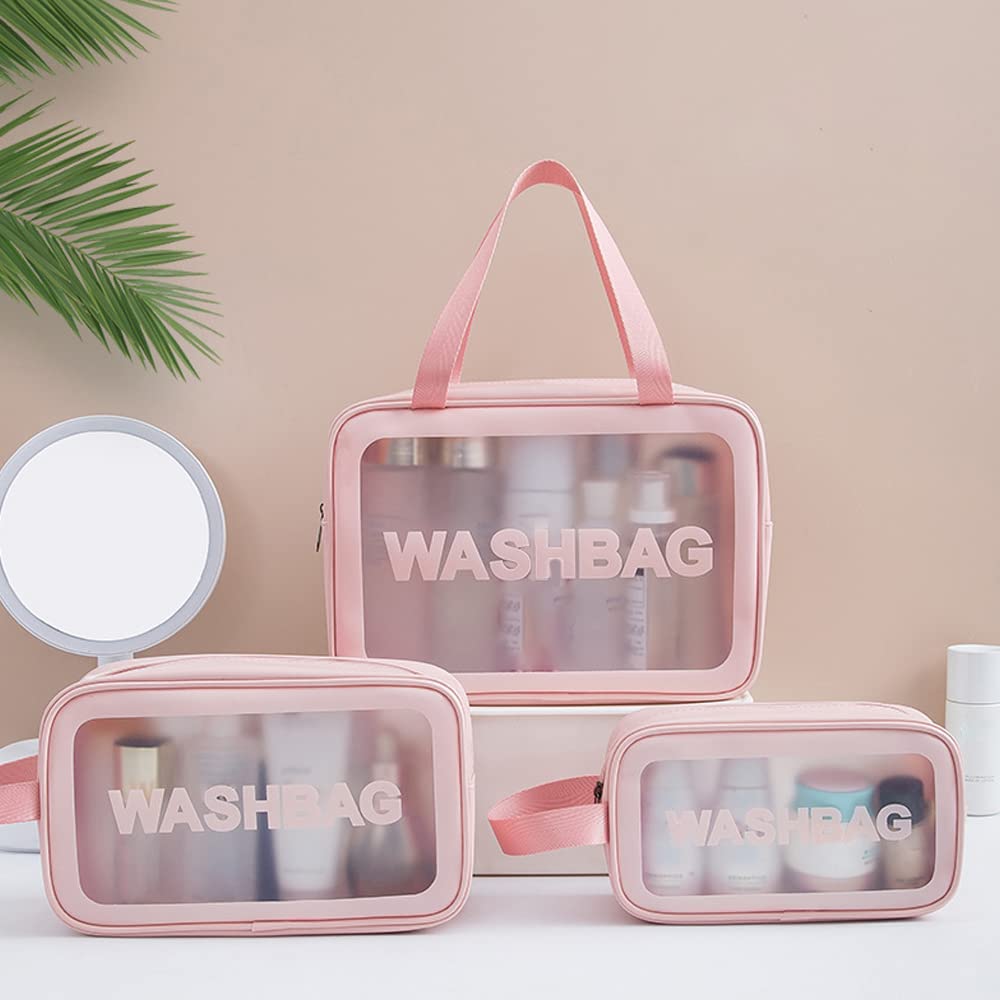 Toiletry Bag for Women Clear Travel Bags for Toiletries Portable PVC Large Clear Makeup Cosmetic Toiletry Organizer Bag Waterproof Transparent Small Clear Handbag for Women, 3PCS Pink 02, Journey