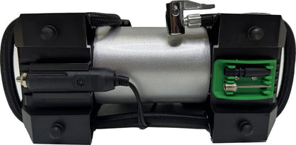 tyre inflator air compressor KAP12-150 d 2 pistons 45l/m 150 watt cars, bicycle, balls with led flash light with digital Pressure Gauge