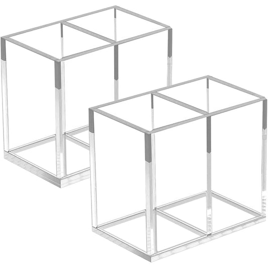 2-Pack Clear Acrylic Pencil Holders for Desk, Each with 2 Compartments, Pen Cup and Office Stationery Organizer, Modern Makeup Brush and Cosmetics Holder Set for Home and Office