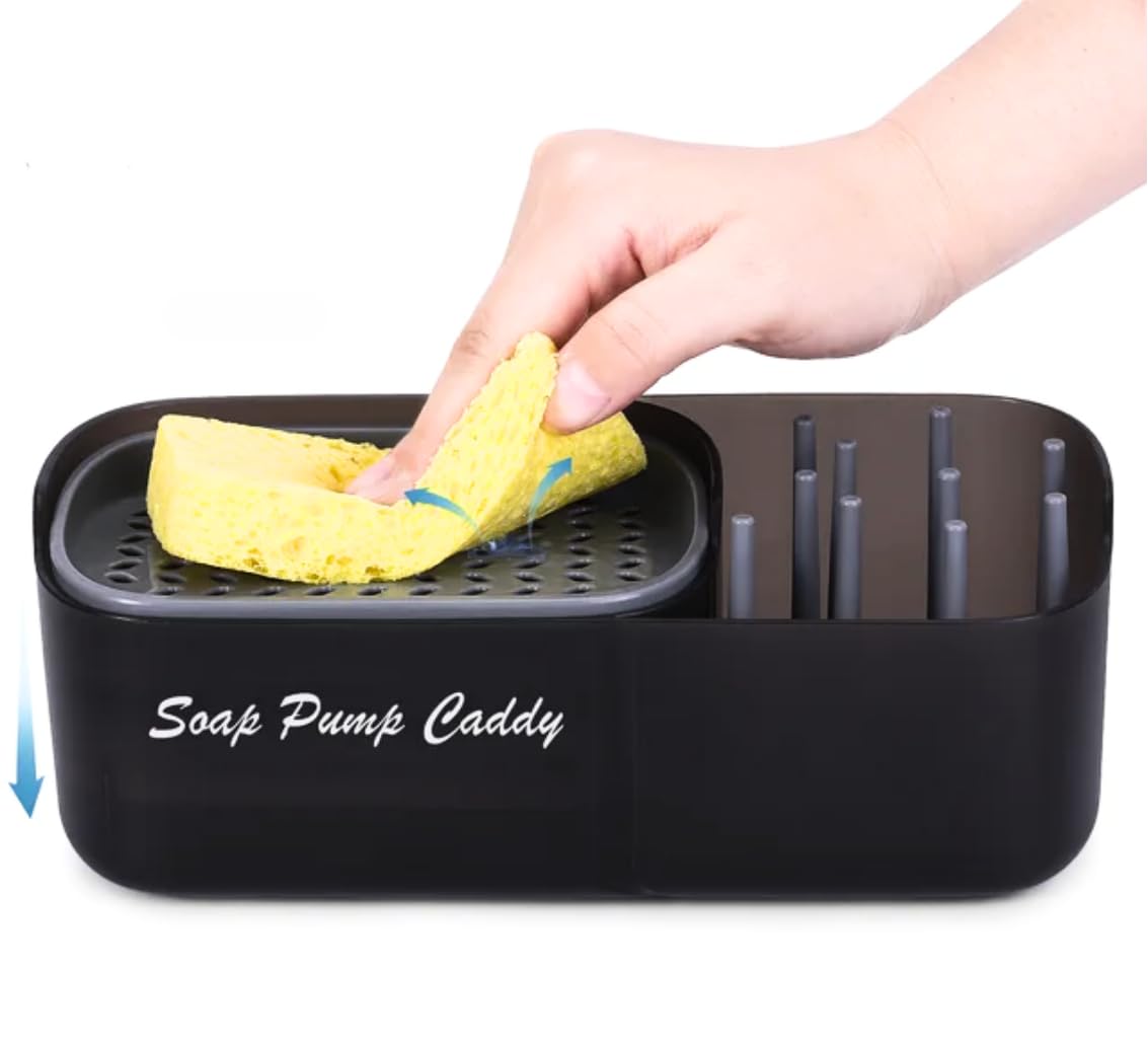 Refiner and Fuller Dish soap Pump Dispenser Sink Kitchen Caddy Organizer Set with Sponge Included. 3 in 1 Convertible Multi Storage Holder for sponges, Scrubs, Brushes More.