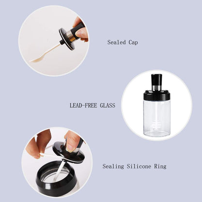 LOYUYU Kitchen Glass Spice Jars Seasonning Box Set of 6, Condiment Pots Spice Jars with Spoons, Oil Bottle Honey Jar Dispenser, Airtight Cap Transparent (8.45oz)