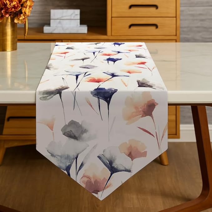 Table Runner, Sou Floral Pattern, V-End Design, Premium Linen Velvet Fabric, Ultra-Soft and Wrinkle-Resistant, 1 Piece, Off-White x Navy Blue x Blush, for Dining and Living Room Décor