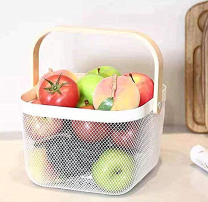 TAMQUSAK Mesh Steel Storage Organizer Basket, Multi-Functional Metal Wire Hanging Kitchen Baskets Fruit Basket with Bamboo Handle Ideal for Kitchen, Bathroom, Pantry, Cabinet Home, Shopping(PACK OF 1)