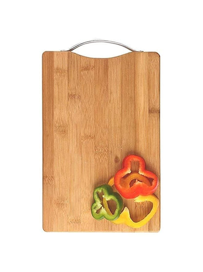 FOMQUAZLI Wooden Bamboo Chopping Cutting Board with Steel Handle Fruits, Vegetables, Fish, Chicken & Meat Cutting Pad for Kitchen Non-Slip Antibacterial Chopping Board (30 * 20CM)