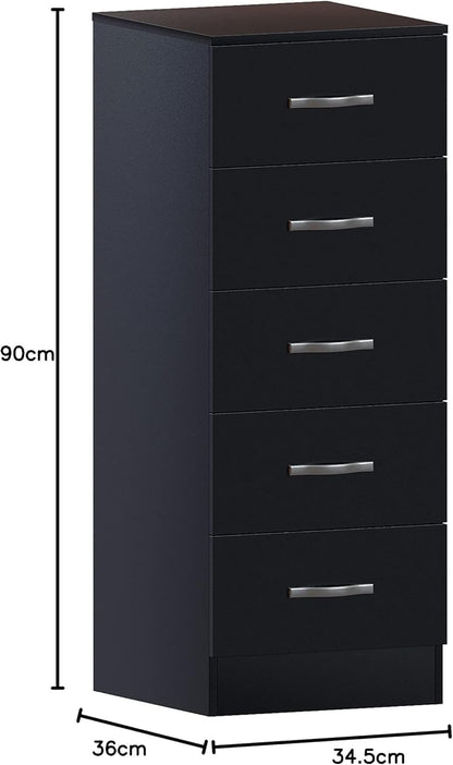 5-Drawer in White, Slim Bedroom Storage Unit with Sliding Drawers, Narrow Chest of Drawers for Small Spaces, Modern Vertical Dresser for Bedroom Furniture