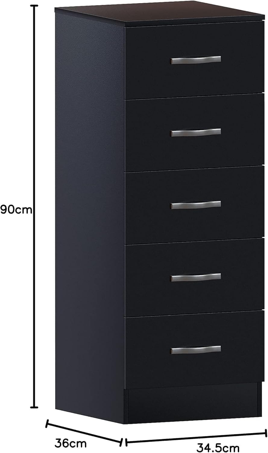 5-Drawer Bedroom Storage Unit in White, Slim Cabinet with Sliding Drawers, Narrow Chest of Drawers for Bedroom Furniture, Vertical Dresser for Small Spaces