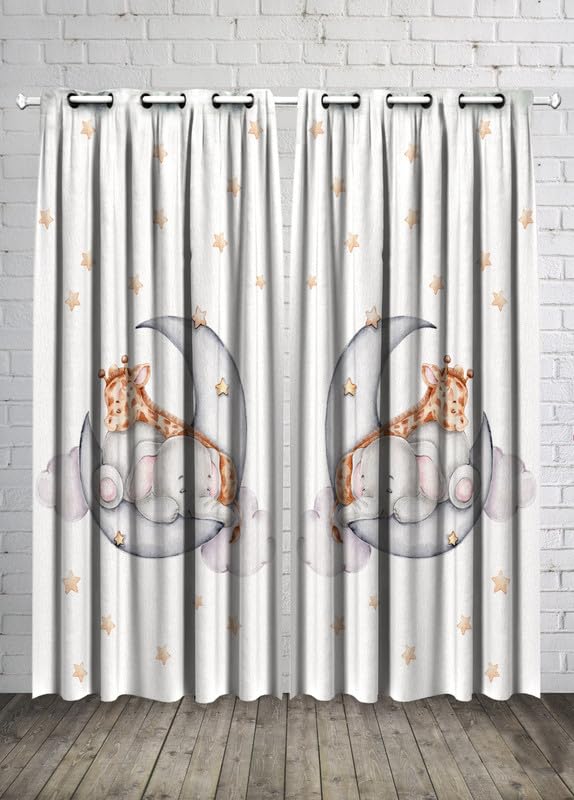 INtex CURTAINS Kids Room Elephant and Giraffe Baby Boy Curtain -Linen Velvet Fabric -Privacy - Steel Grommets - 2 Pieces 135W x 240L CM