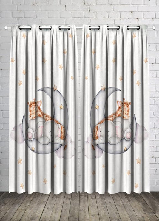 INtex CURTAINS Kids Room Elephant and Giraffe Baby Boy Curtain -Linen Velvet Fabric -Privacy - Steel Grommets - 2 Pieces 135W x 240L CM
