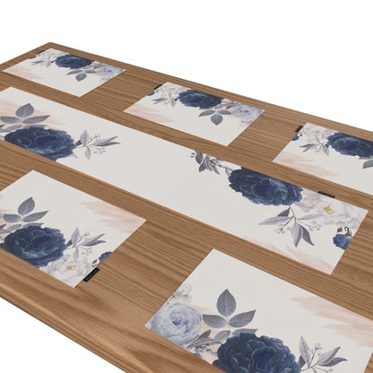 Bloom Canvas Placemats Set of 6 in Blue & White, each 45x30 cm, elegant floral table mats, durable and washable, perfect for protecting surfaces during everyday meals or special events