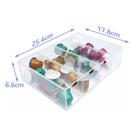 4-Compartment Acrylic Coffee Pod Holder and Desktop Organizer, Clear Storage Box for K-Cup Capsules and Coffee Bar Station Accessories, Multi-Use Desk and Kitchen Drawer Organizer