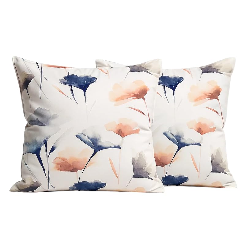 INTEX HOME Cushion Covers, Premium Linen Velvet with Sou Floral Pattern, Set of 2, 40×40 cm, Off-White x Navy Blue x Blush, for Living Room & Bedroom Décor, Soft & Wrinkle-Resistant Fabric