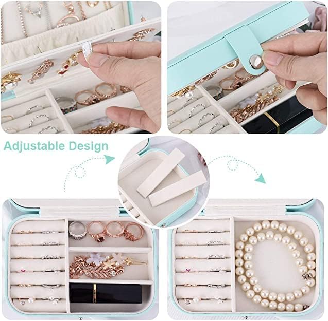 Jewelry Box Organizer, Travel Jewelry Case PU Leather Portable Jewelry Storage Box for Women and Girls Earring Rings Necklace Bracelets Accessories, Double Layer (Blue)