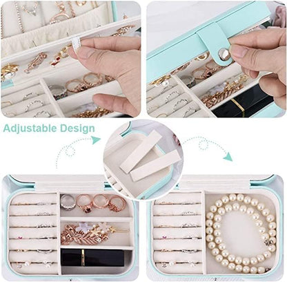 Jewelry Box Organizer, Travel Jewelry Case PU Leather Portable Jewelry Storage Box for Women and Girls Earring Rings Necklace Bracelets Accessories, Double Layer (Blue)