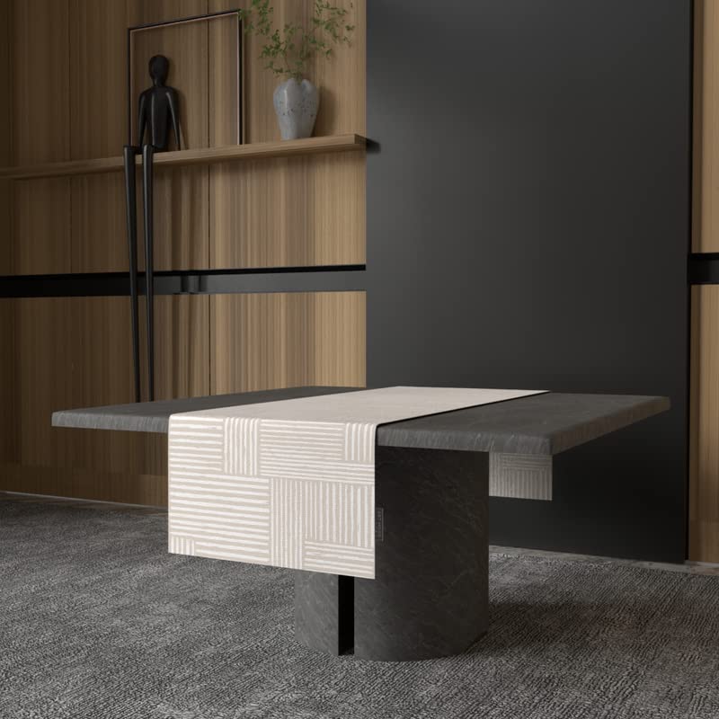 Hazel 1 Velvet Table Runner in Beige & Blue, a 35x140 cm plush decorative centerpiece with a soft and welcoming modern pattern, adds a touch of cozy luxury to your dining table decor