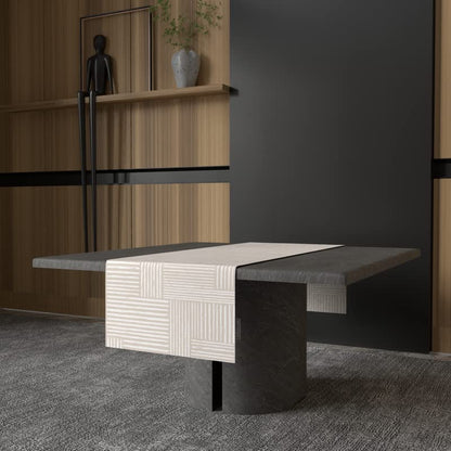 Hazel 1 Velvet Table Runner in Beige & Blue, a 35x140 cm plush decorative centerpiece with a soft and welcoming modern pattern, adds a touch of cozy luxury to your dining table decor