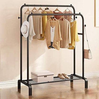 Garment rack double rod heavy duty free-standing clothes rack multi-functional bedroom hangers clothing hanging stand organizer storage rack with shoe shelves, wheels (48'' width, black)