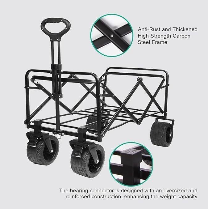 Generic Folding Wagon, Portable with W Heels, 150kg Beach Wagon, Wide Big360 Wheels & Outdoor, beach, camping, shopping, pets for Family, Mom, Dad - Green, Black