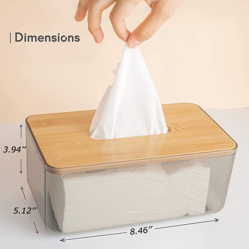 Acrylic Tissue Box Cover, Clear Rectangular Dispenser with Bamboo Wood Lid, Modern Holder for Tissues, Dryer Sheets or Wet Wipes, Bathroom & Living Room Organizer, Clear Gray