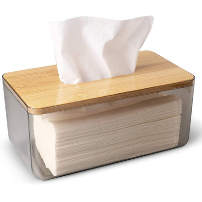Acrylic Tissue Box Cover, Clear Rectangular Dispenser with Bamboo Wood Lid, Modern Holder for Tissues, Dryer Sheets or Wet Wipes, Bathroom & Living Room Organizer, Clear Gray