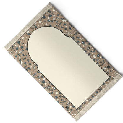 Velvet Prayer Mat in Beige and Green, 68x117 cm, a luxurious rug with an elegant mosque garden design, crafted from soft velvet for a comfortable and serene prayer session